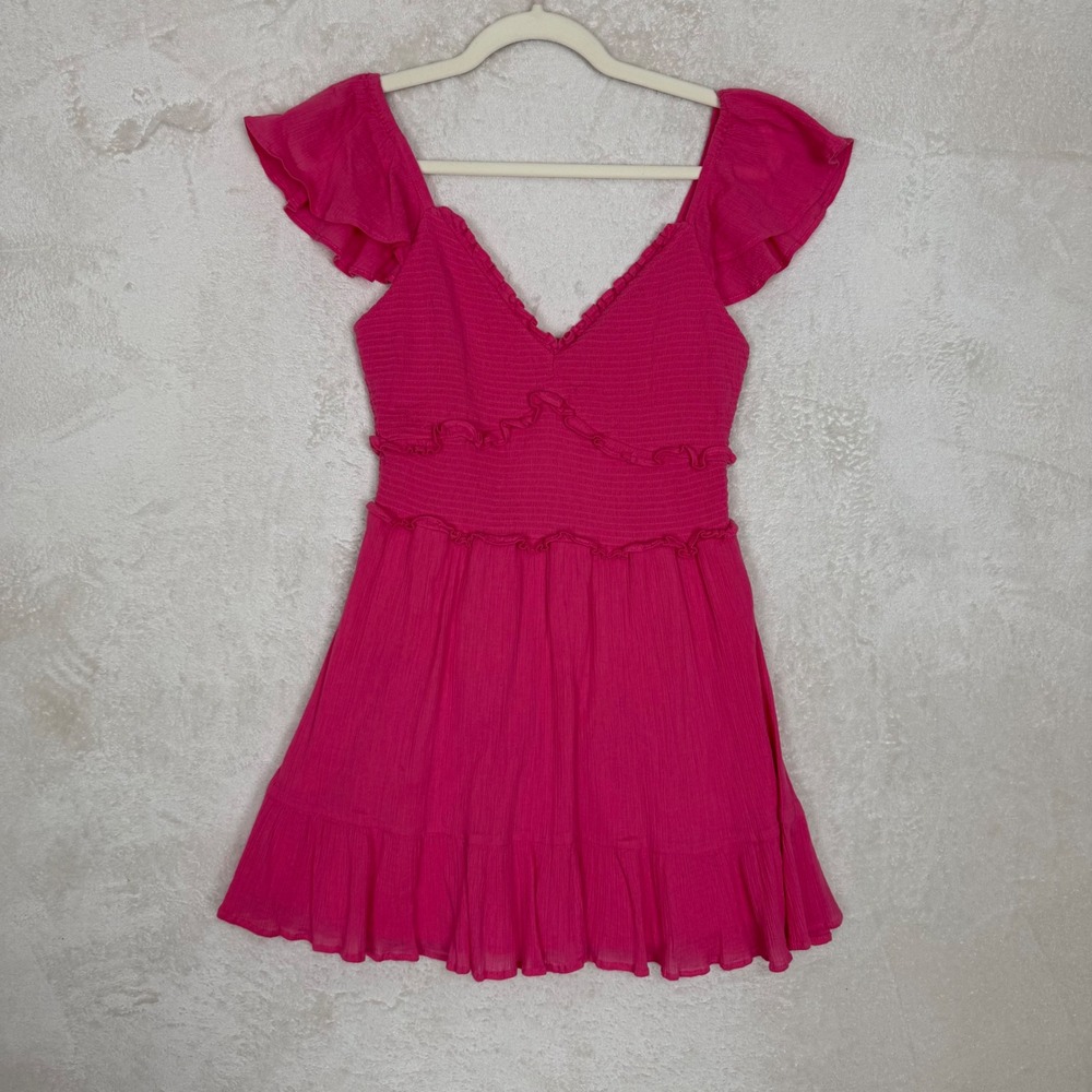 LoveShackFancy Pink Cotton Smocked Ruffle Mini Dress Small Flutter Sleeve Boho